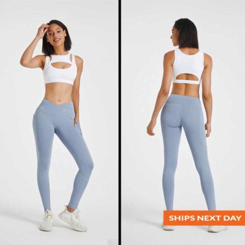 Light Blue Crossover Legging With Pockets - Crossover Waist - Pocket Leggings